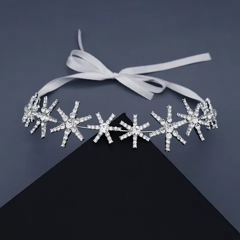 Star Snowflake Rhinestone Headband With White Satin Ribbon Elegant Silver Hair Band For Wedding Party Women Jewelry
