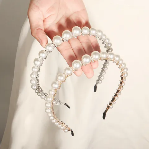 Elegant Artificial Pearl Rhinestone Headband For Women Gold Silver Alloy Inlaid Faux Artificial Pearl Hairband Retro Banquet Wedding Hair Accessories