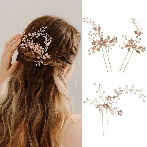 Forcine per Capelli da Sposa Artigianali Floreali Con Strass E Künstliche Perle Oro Rosa Argento Accessori per Capelli Matrimonio Per Donna Festa