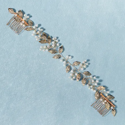 Pettine per Capelli da Sposa Fatto a Mano con Foglie d'Oro e Künstliche Perle Copricapo da Sposa a Vite Accessori per Capelli da Sposa per Donna