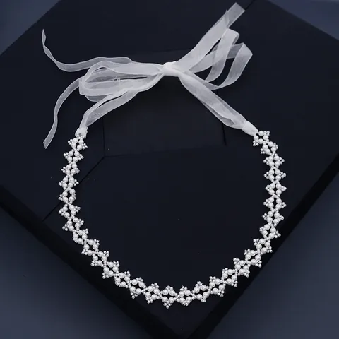 Diadema Elegante de Perlas Artificiales de Imitación y Strass con Cinta de Gasa Blanca Estilo Mori Collar Choker para Mujer Joyería para Boda Fiesta