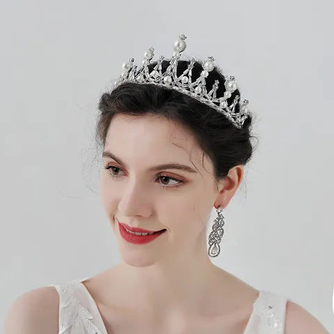 Corona Barocca in Lega d'Argento Tiara Con Strass E Künstliche Perle Per Matrimonio Sposa Festa Donna Accessori Per Capelli