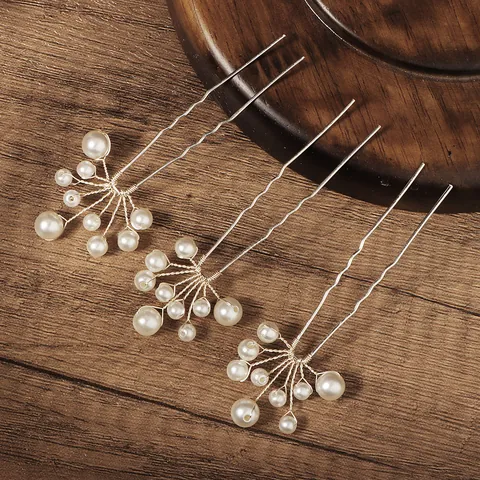 Bridal Imitation Artificial Pearl Hair Pins For Wedding Women Handmade Copper Wire Flower Hair Forks Silver U Shape Hair Jewelry