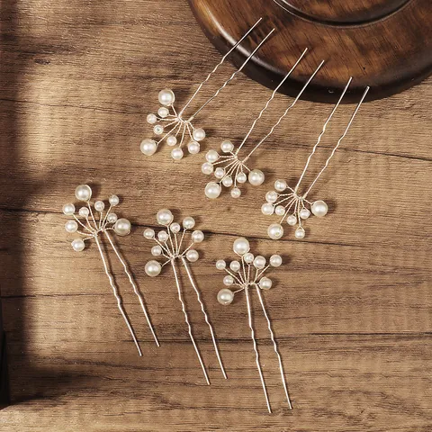 Bridal Imitation Artificial Pearl Hair Pins For Wedding Women Handmade Copper Wire Flower Hair Forks Silver U Shape Hair Jewelry