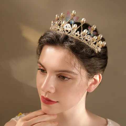 Tiara de Corona de Aleación de Oro con Mariposa y Perla Estilo Hada Coreana para Mujer Boda Cumpleaños Fiesta Accesorios para Cabello