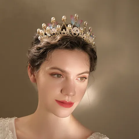 Tiara de Corona de Aleación de Oro con Mariposa y Perla Estilo Hada Coreana para Mujer Boda Cumpleaños Fiesta Accesorios para Cabello
