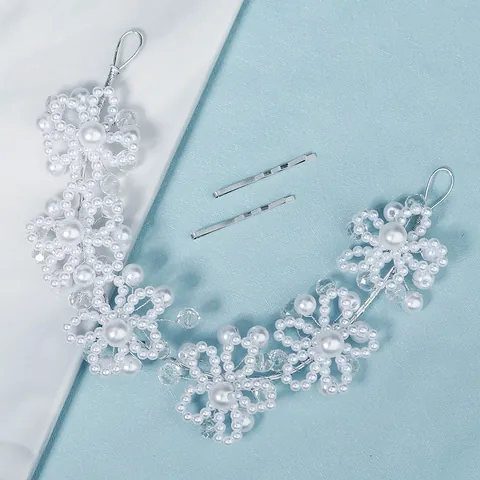Handmade Alloy Imitation Artificial Pearl Crystal Wedding Hair Vine Bride Floral Headband Silver Flower Hairband Women Party Jewelry