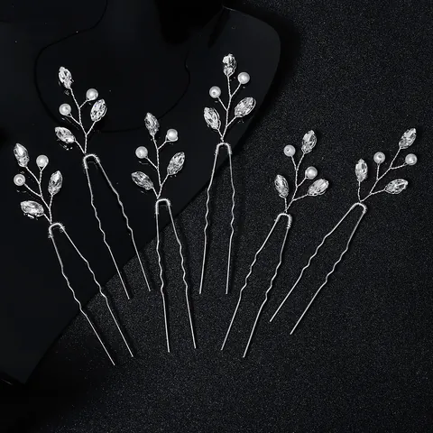 Bastoncini per Capelli a Forma di U Sposa Vintage Lega Strass Perla Artificial Imitazione Foglia Gioielli Matrimonio Festa Elegante