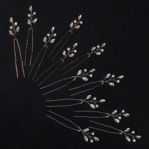 Bastoncini per Capelli a Forma di U Sposa Vintage Lega Strass Perla Artificial Imitazione Foglia Gioielli Matrimonio Festa Elegante