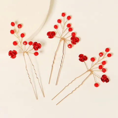 Red Rose Flower Hair Sticks With Gold Copper Wire U-shaped Hair Forks For Wedding Bridal Banquet Hair Accessories