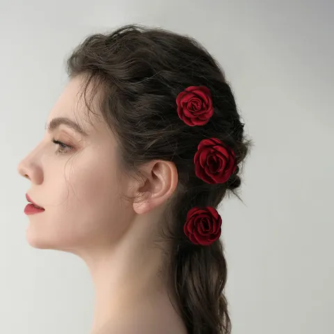 Women Elegant Satin Rose Flower U-Shaped Hairpin Set Forest Style Fabric Peony Hair Stick Bridal Wedding Hair Accessory