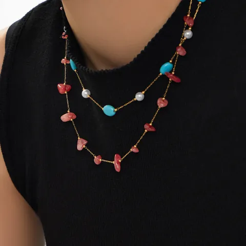 Stainless Steel Necklace And Bracelet With Natural Crushed Stone And Pearl Multilayer Waterproof Jewelry For Women Boho Fashion