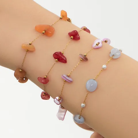 Stainless Steel Necklace And Bracelet With Natural Crushed Stone And Pearl Multilayer Waterproof Jewelry For Women Boho Fashion