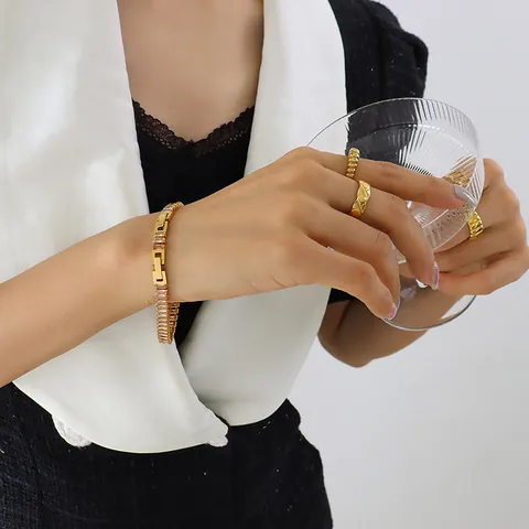 Light Luxury Titanium Steel Gold Plated Necklace Bracelet Set Multicolored Baguette Cut Zirconia Fashion Jewelry Set For Women Men