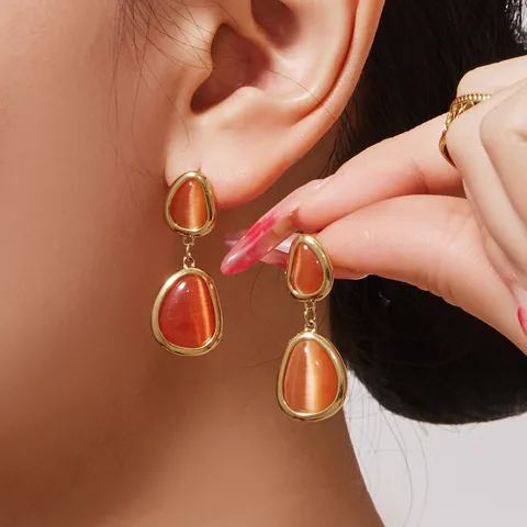 Set Gioielli in Acciaio Inossidabile Placcato Oro 18K Vintage Collana Bracciale Orecchini con Pietra Occhio di Gatto