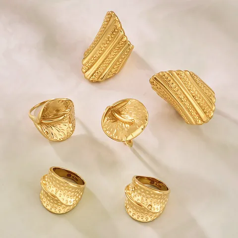Vintage Hammered Geometric Stainless Steel Rings For Women 18K Gold Plated Chunky Wavy Flower Adjustable Finger Rings Jewelry