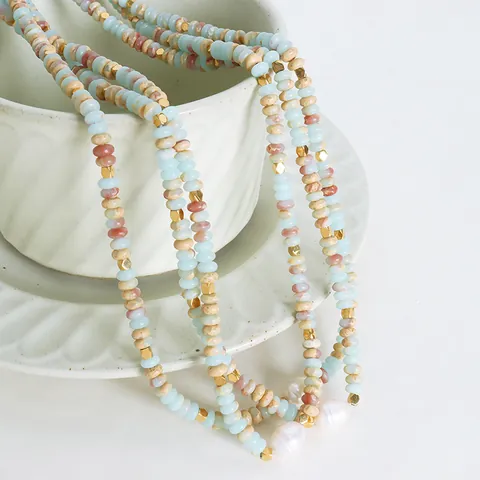 Boho Bunte Naturstein Perlenkette Mit Großer Weißer Barock Süßwasserperle Titanstahl Goldkette Für Damen Schmuck