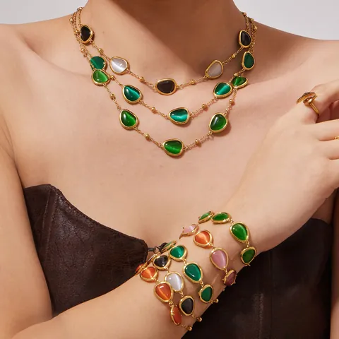 316L Stainless Steel Jewelry Bohemian Teardrop Cat's Eye Stone Pendant Necklace Bracelet Earrings For Women Light Luxury Accessories
