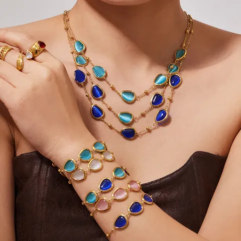 316L Stainless Steel Jewelry Bohemian Teardrop Cat's Eye Stone Pendant Necklace Bracelet Earrings For Women Light Luxury Accessories