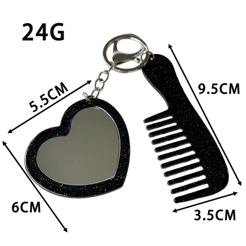 Heart Shaped Mirror And Mini Hair Comb Keychain Glitter Acetate Portable Travel Hairbrush Bag Pendant For Women