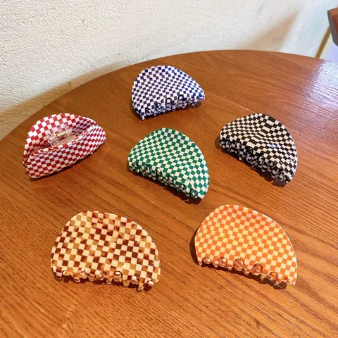 Checkerboard Acetate Hair Claw Clip For Women Fashion D-Shape Shark Hair Clip Grid Pattern Hair Accessory