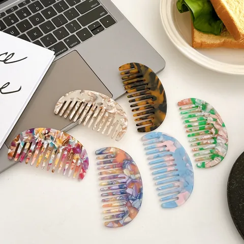 Vintage Cellulose Acetate Hair Comb Women Semi-circular Marble Print Tortoise Shell Wide Tooth Hair Styling Tool Jewelry