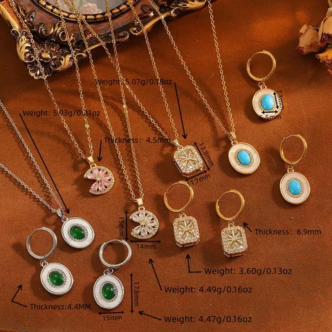 Vintage Edelstahl Blumen Ohrringe Halskette Set Damen Strass Oval Edelstein Anhänger Schmuck Gold Silber Plattiert Zubehör