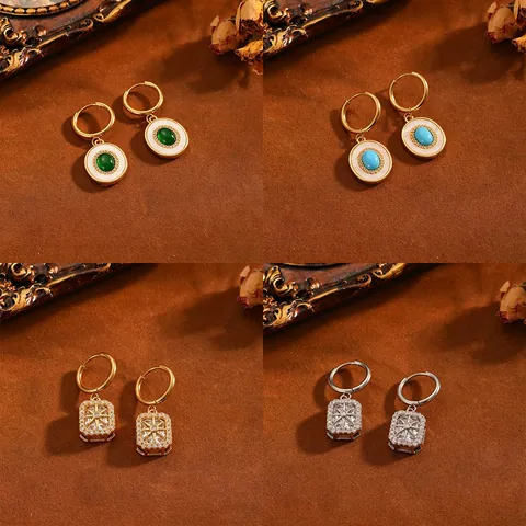 Vintage Edelstahl Blumen Ohrringe Halskette Set Damen Strass Oval Edelstein Anhänger Schmuck Gold Silber Plattiert Zubehör