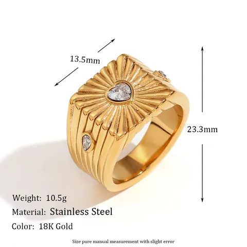Vintage Square Signet Ring 316L Stainless Steel 18K Gold Plated Heart Cubic Zirconia Sunburst Pattern For Women