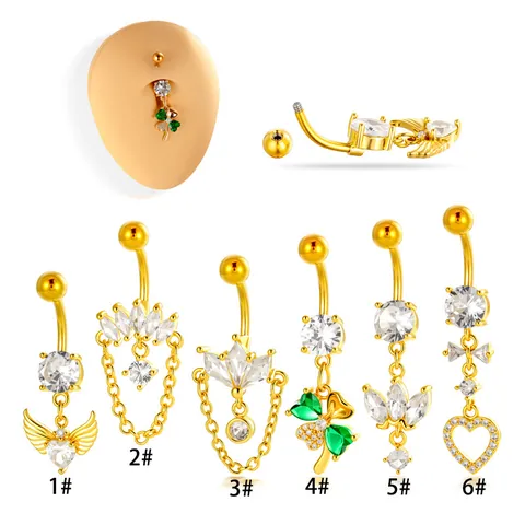 Stainless Steel Post Copper Zirconia Butterfly Heart Chain Pendant Belly Button Ring Piercing Jewelry For Women Gift