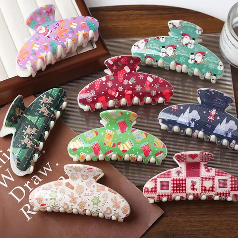 Christmas Plastic Hair Claw Clip Large Shark Clip Santa Snowman Reindeer Tree Print Festival Hair Accessories For Women Girls