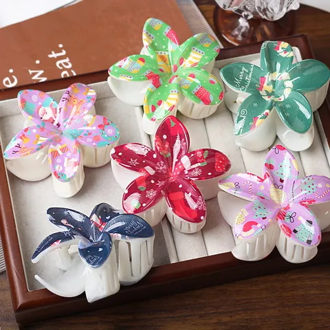 Kerst Bloem Haarklem Grote Print Kerstman Rendier Sneeuwpop Patroon Xmas Feest Haaraccessoires Voor Vrouwen Meisjes
