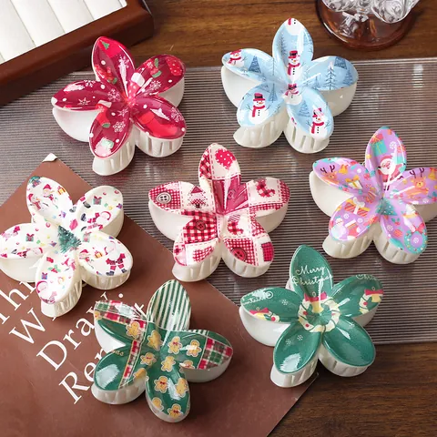 Kerst Bloem Haarklem Grote Print Kerstman Rendier Sneeuwpop Patroon Xmas Feest Haaraccessoires Voor Vrouwen Meisjes