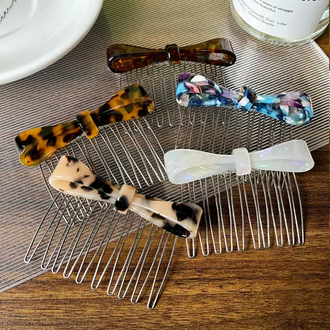 Bow Acetate Hair Comb For Women Leopard Print Tortoiseshell Pattern Hair Accessories Elegant Anti-Slip Metal Teeth Hair Pins