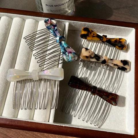 Bow Acetate Hair Comb For Women Leopard Print Tortoiseshell Pattern Hair Accessories Elegant Anti-Slip Metal Teeth Hair Pins