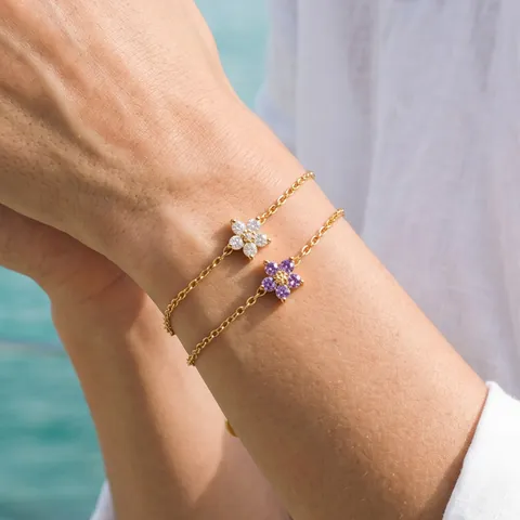Elegant Flower Design Stainless Steel Bracelet For Women Inlaid Zirconia Gold Plated Thin Chain Ins Style Jewelry