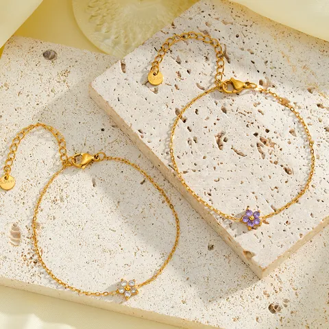 Elegant Flower Design Stainless Steel Bracelet For Women Inlaid Zirconia Gold Plated Thin Chain Ins Style Jewelry