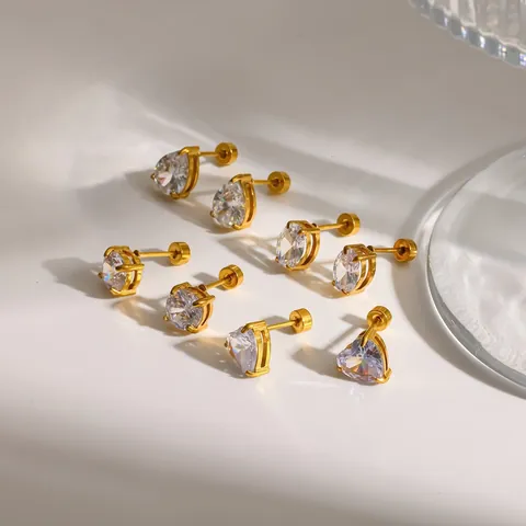 Orecchini a Bottone in Acciaio Inossidabile 304 Placcati Oro 18K Con Strass a Quattro Griffe Cuore Tondo Ovale Gioielli Donna