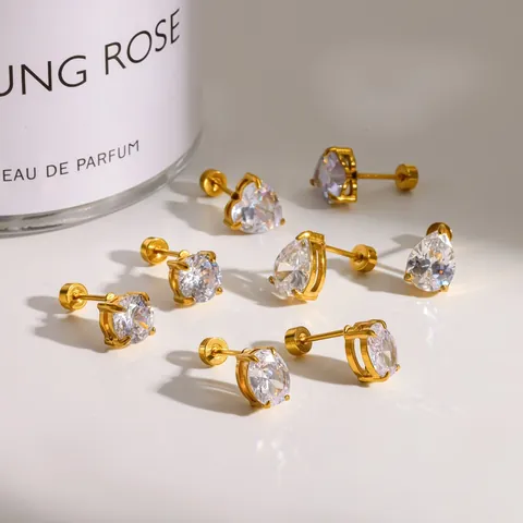 Orecchini a Bottone in Acciaio Inossidabile 304 Placcati Oro 18K Con Strass a Quattro Griffe Cuore Tondo Ovale Gioielli Donna