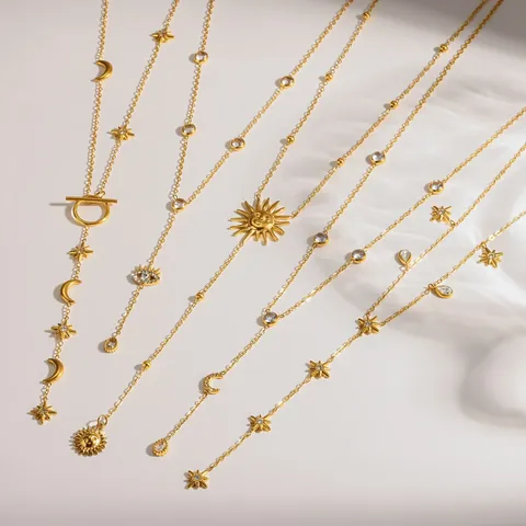 Collar Largo en Y de Acero Inoxidable 304 Chapado en Oro 18K Con Colgantes Estrella Luna Ojo Turco Strass Joyería Mujer