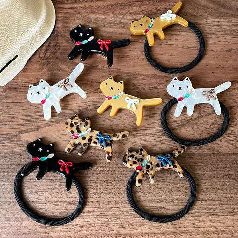 Schattige Cartoon Kat Vorm Acetaat Luipaard Haarklemmen En Elastiekjes Met Strass Strik Voor Dames Dagelijkse Haaraccessoires