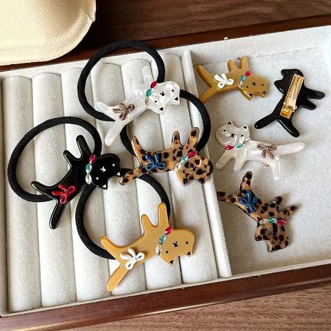 Schattige Cartoon Kat Vorm Acetaat Luipaard Haarklemmen En Elastiekjes Met Strass Strik Voor Dames Dagelijkse Haaraccessoires