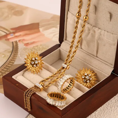 Retro Titanium Steel Jewelry Set For Women Woven Tassel Necklace Bracelet Ring Earrings Set Zirconia Sunflower Gold Silver Plated Jewelry