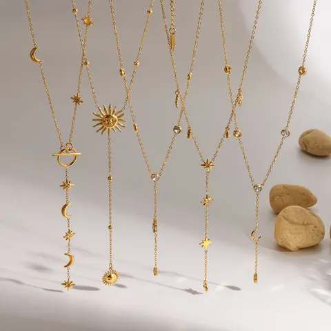 Collar Largo en Y de Acero Inoxidable 304 Chapado en Oro 18K Con Colgantes Estrella Luna Ojo Turco Strass Joyería Mujer