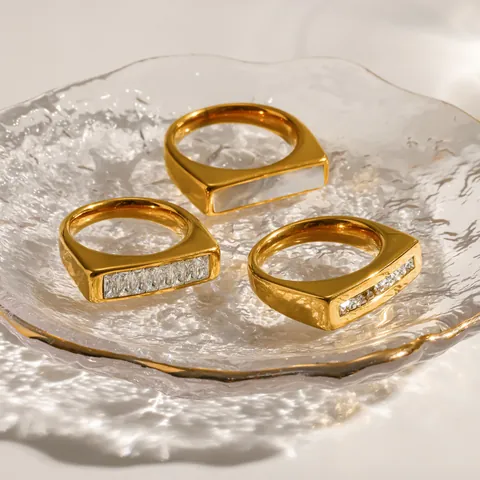 Anillo de Acero Inoxidable Geométrico Con Circonia Para Mujer Incrustación De Madreperla Chapado En Oro 18K Anillo Cuadrado Joyería Regalo