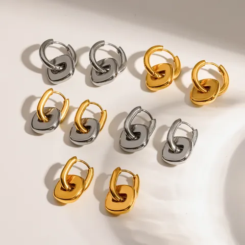 Ins Style Minimalist Stainless Steel Double Hoop Earrings 18K Gold Plated Geometric Square Pendant Earrings For Women High Quality Jewelry