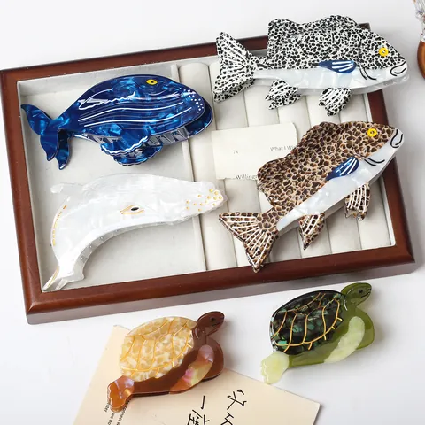 Nischen Design Meerestiere Acetat Haarklammer Für Damen Meeresschildkröte Hai Robbe Fisch Muster Marmor Textur Handgefertigtes Haar-Accessoire