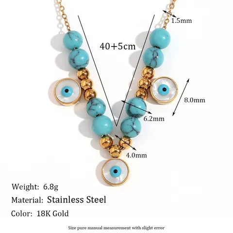 Collana con Pendente Malocchio in Acciaio Inossidabile Vintage Francese per Donna Collana di Perle Artificiali e Turchese Oro