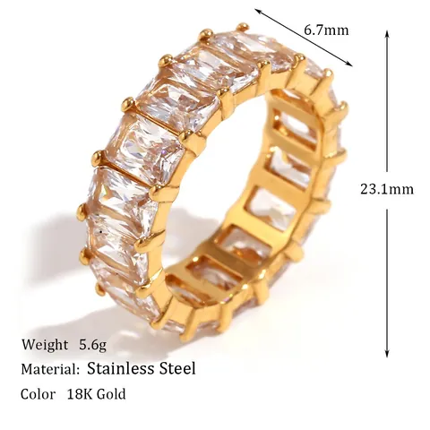 18K Gold Plated Stainless Steel Ring For Women Square Rhinestone Inlaid Eternity Band Fashion Office Commuter Jewelry