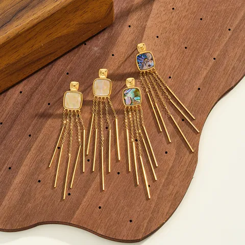 Korean Style Geometric Square Mother of Pearl Inlaid Tassel Drop Earrings For Women Stainless Steel Gold Plated Dangle Earrings Jewelry